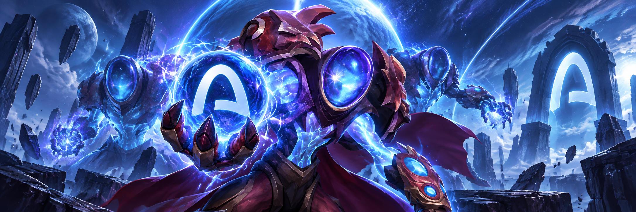 Arc Warden and its doubles on a shattered cosmic landscape, holding the contained sphere