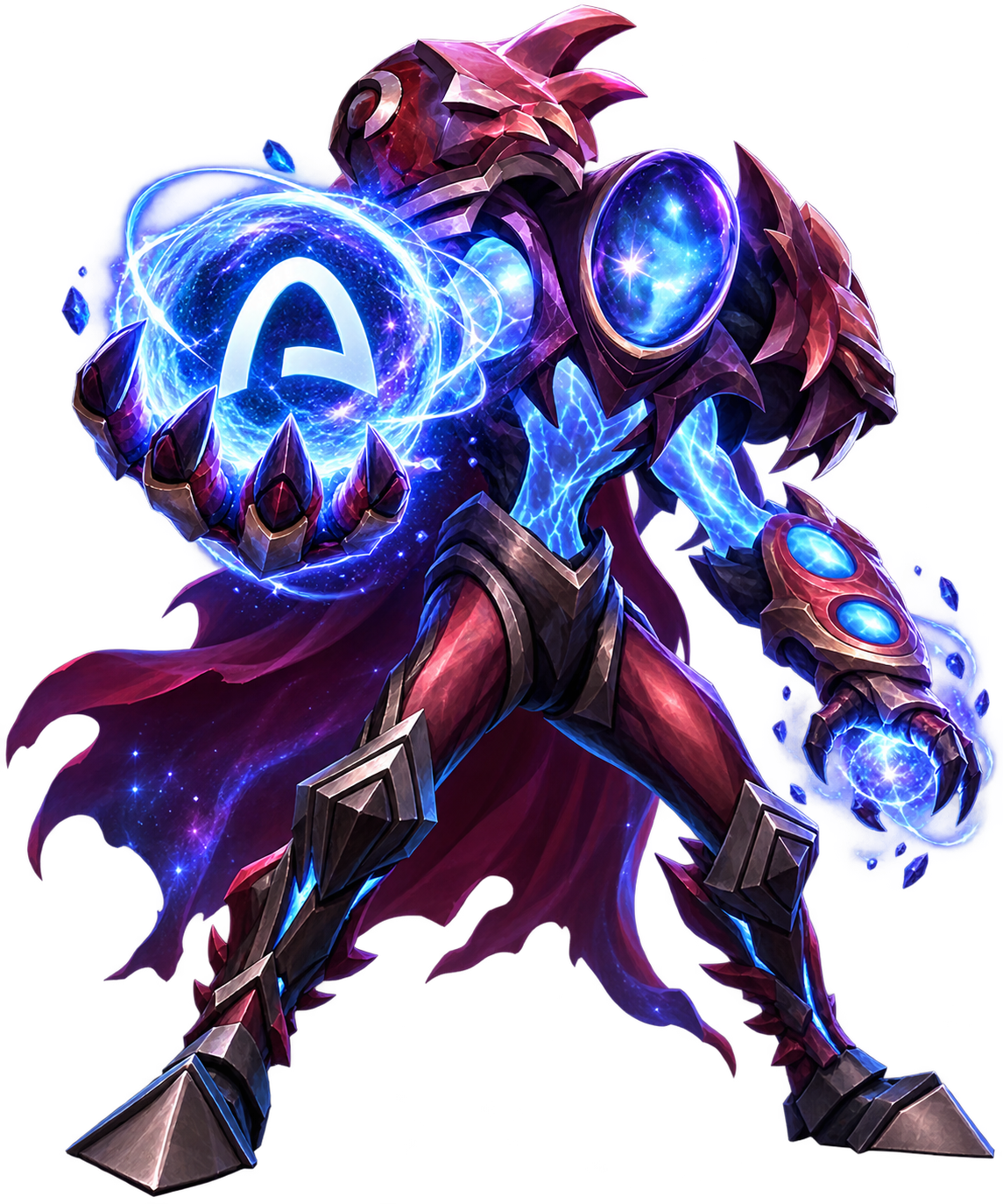 Arc Warden in crimson and cosmic-blue armor, holding a glowing sphere, cape and orb fully visible